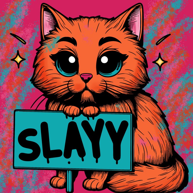 realistic cat with sign that says slayyyyy