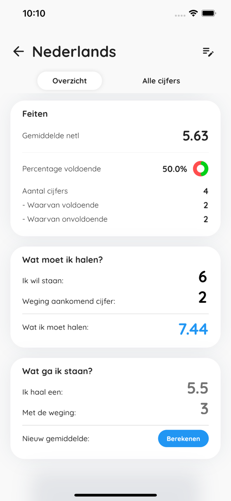 Cijfer Royale app dashboard displaying student grade statistics and a calculator for target exam scores
