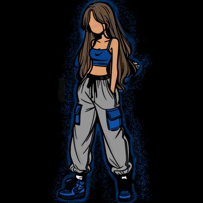 girl in baggy pants crop top and long hair