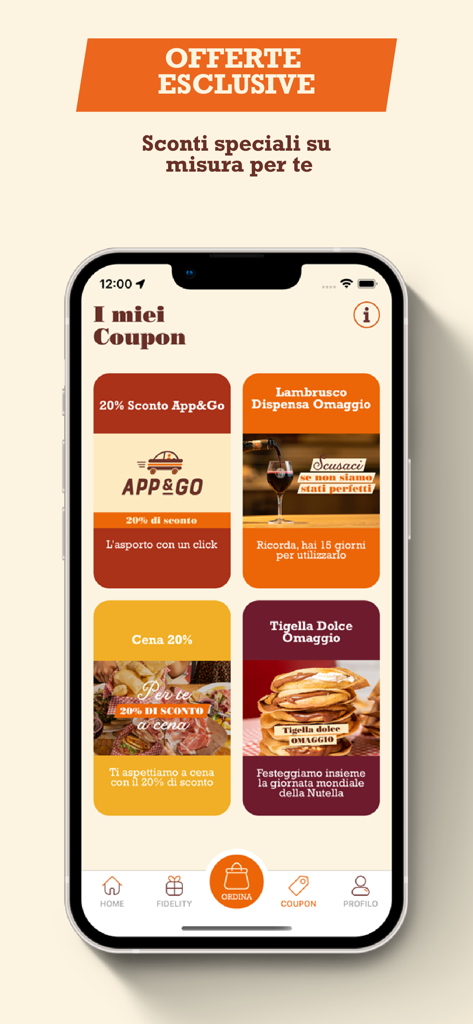 Dispensa Emilia - Una pantalla de aplicación móvil que muestra varios cupones digitales exclusivos y ofertas de recompensa para el restaurante Dispensa Emilia
