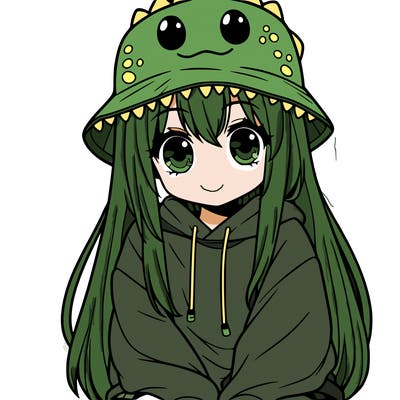 girl with anime shaped eyes with a dinosaur bucket hat oversized sweatshirt long straight hair