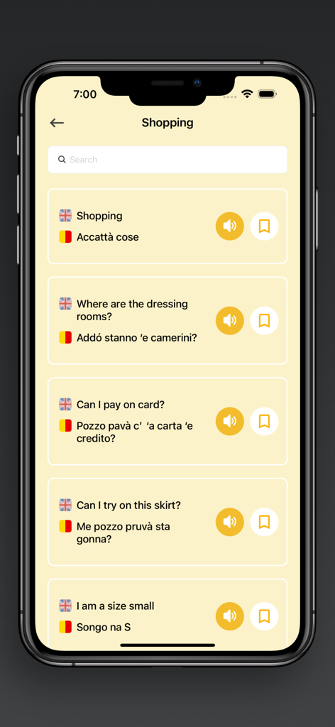 Mobile app screen showing Neapolitan language translations for shopping phrases