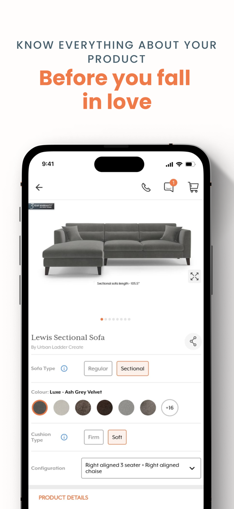 Urban Ladder - Página de producto de la aplicación móvil Urban Ladder que muestra un sofá seccional gris con opciones de personalización de color y tipo de cojín