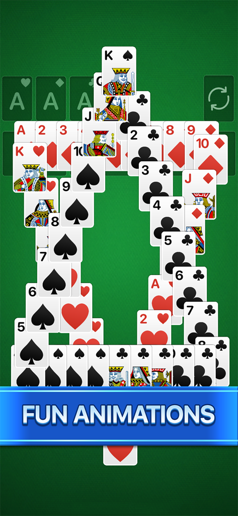 Solitaire Calm, Relax and Play - A screenshot of Solitaire Calm showing playing cards animating across a green background with a banner that reads Fun Animations.