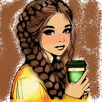 realistic girl with dutch braids and coffee