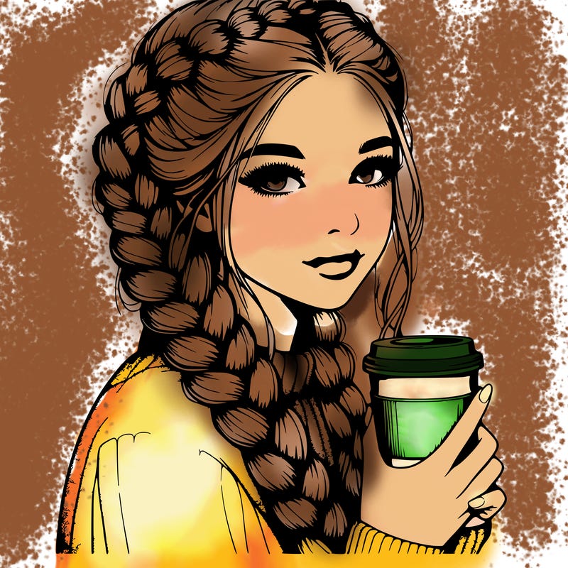 realistic girl with dutch braids and coffee