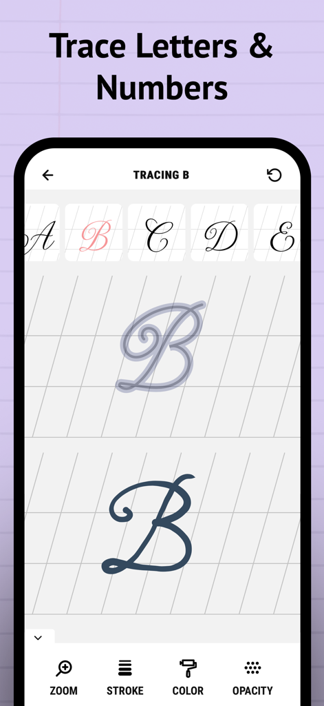 Interfaccia dell'app Pratica Calligrafia che mostra una lettera corsiva B in fase di tracciamento con strumenti per il colore e l'opacità del tratto.