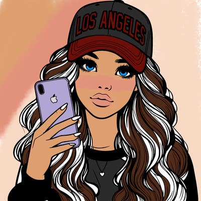 realistic beautiful girl wearing los ángeles cap holding an iphone