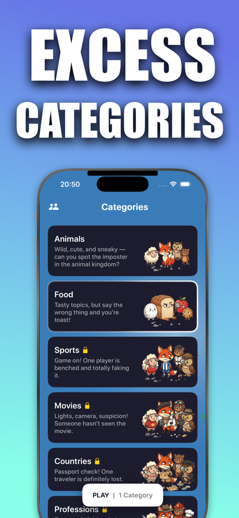 Imposter Game - Party Zone - Menú de categorías del juego Imposter Game que muestra varios temas de juego como Animales y Comida