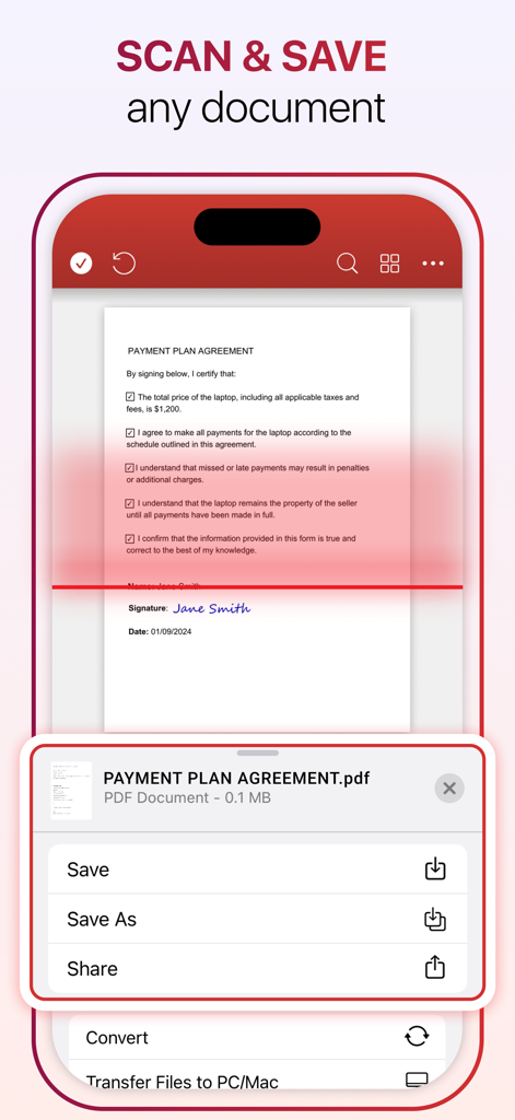 Interface do aplicativo móvel MobiPDF mostrando o recurso de digitalizar e salvar com um documento de plano de pagamento