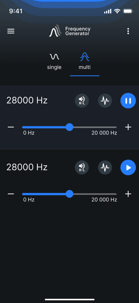 The multi oscillator mode interface of the Frequency Generator app showing two adjustable sound frequency settings