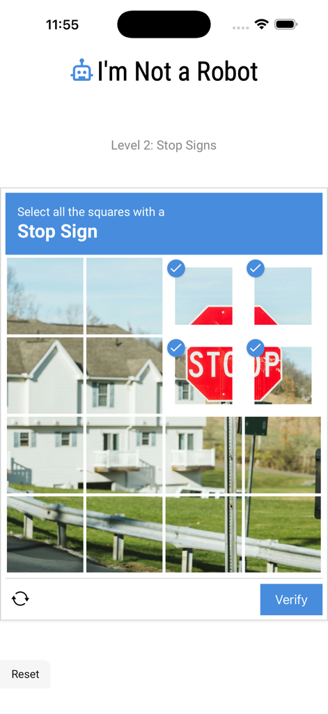 A screenshot of the Im Not a Robot game showing a level where the player must select grid squares containing a stop sign.
