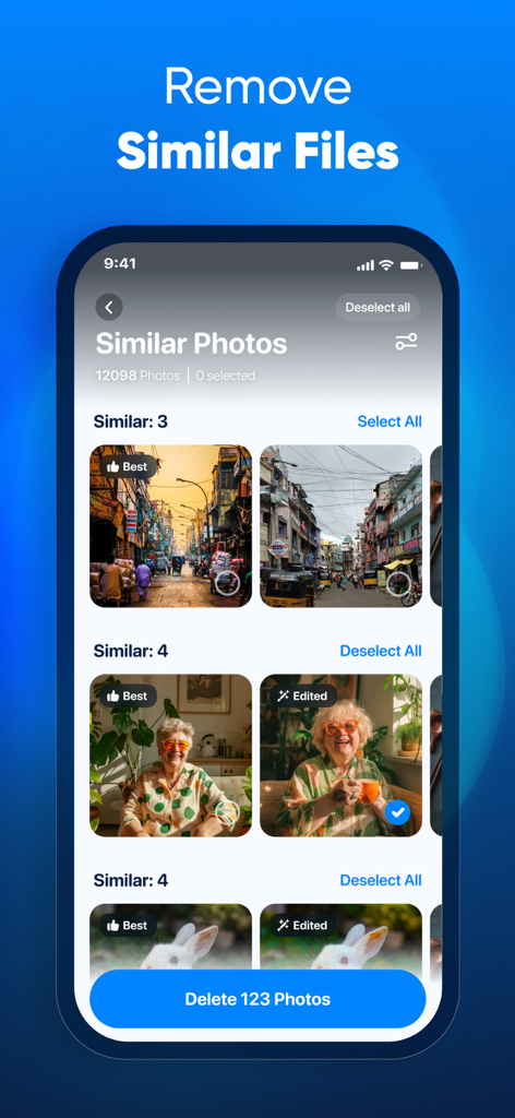 iCleaner・Clean up storage - Interface of iCleaner app showing groups of similar photos and an option to delete them for storage optimization