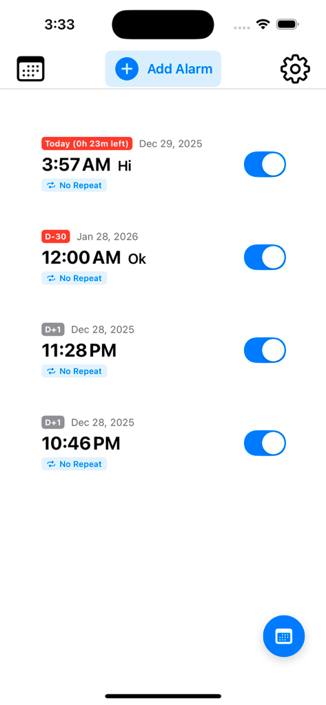 Eine Liste von Countdown-Meilensteinen und Alarmen in der Kalender D-DAY App