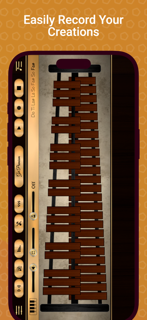 Interfaz de la aplicación Xylophone Sim mostrando los controles de grabación y las barras del instrumento
