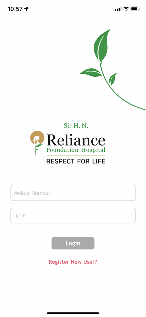 Reliance Foundation Hospital - Login screen of the Reliance Foundation Hospital app featuring mobile number and OTP input fields