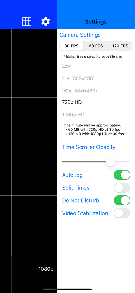 Video Stopwatch SC - Video Stopwatch SC camera settings showing frame rate and resolution options