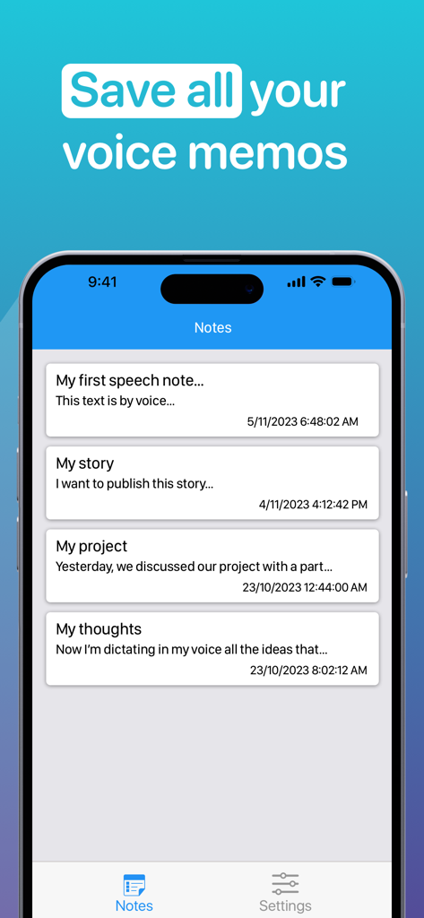 Speech to Text: Voice memos - Pantalla de iPhone mostrando una lista de notas guardadas de voz a texto con títulos como Mi Historia y Mi Proyecto
