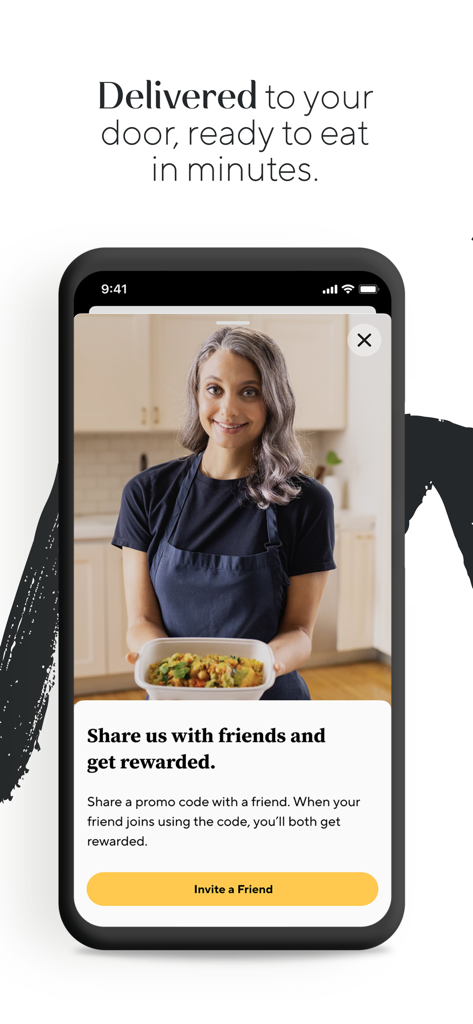 CookUnity - A Chef Marketplace - CookUnity referral page showing a chef holding a prepared meal and a call to action to invite friends for rewards.