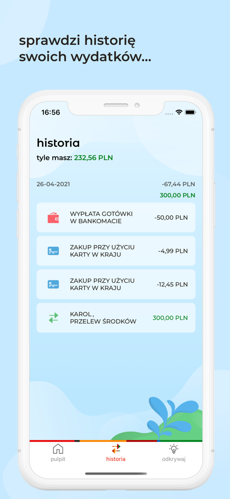mBank Junior - Transaction history screen of the mBank Junior app showing a list of spending and incoming transfers