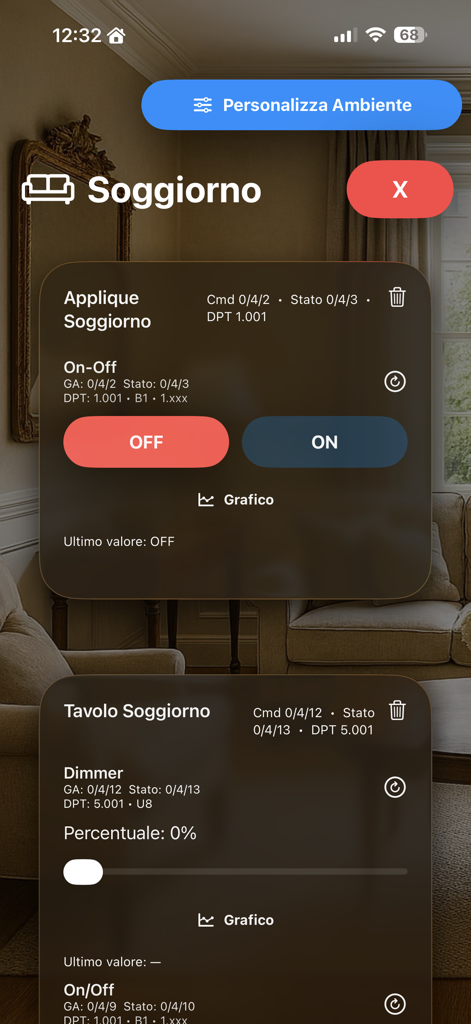 KNX Pro Tester - KNX Pro Tester mobile App-Oberfläche, die Smart-Home-Steuerungen für Beleuchtung und Dimmung im Wohnzimmer mit technischen Gruppenadressen anzeigt