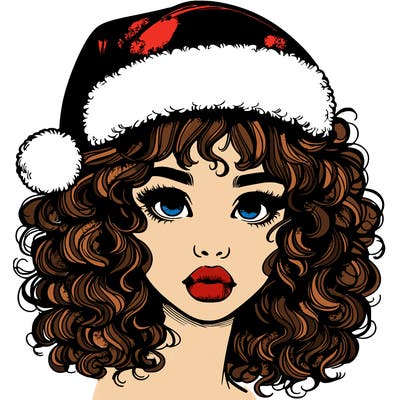 realistic girl with a santa hat curly hair and lips