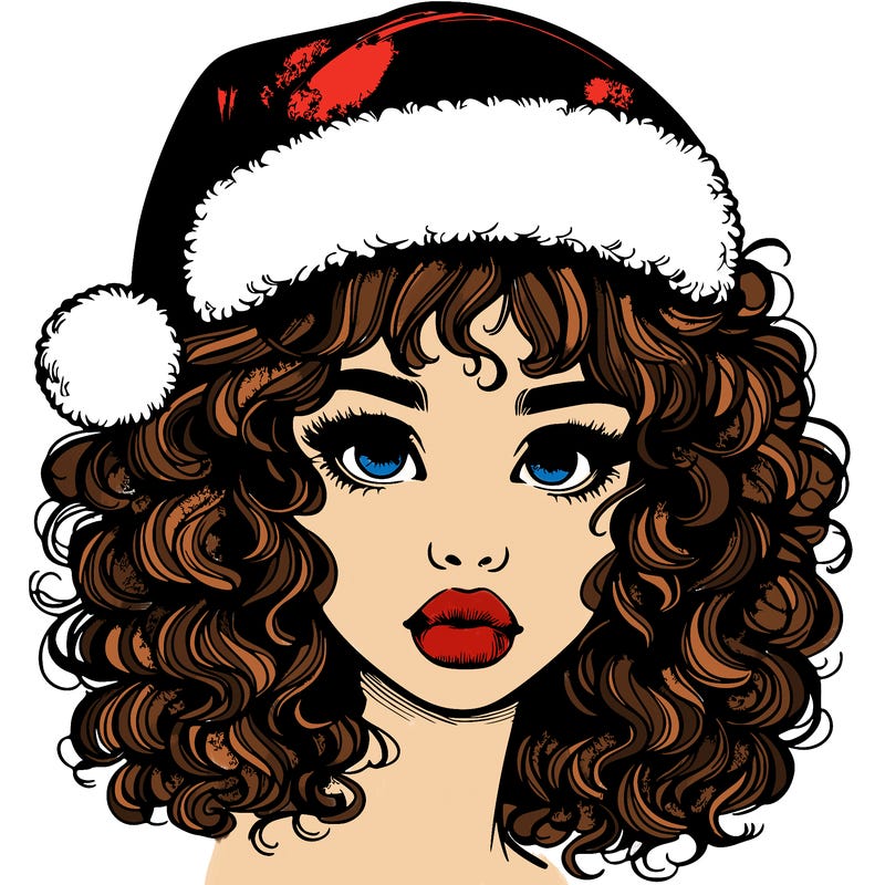 realistic girl with a santa hat curly hair and lips
