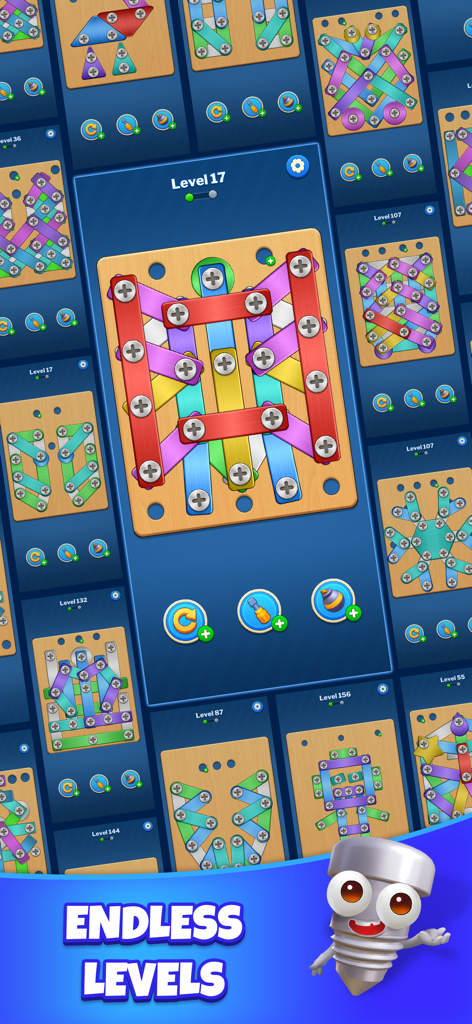 A showcase of various colorful wood nuts and bolts puzzle levels from the Screw Sort game.