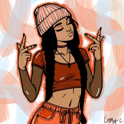 realistic teenage girl with braids and a beanie and crop top doing 🫶🏼