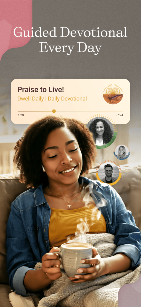 A woman smiling and listening to a guided devotional on the Dwell Audio Bible app while holding a warm mug