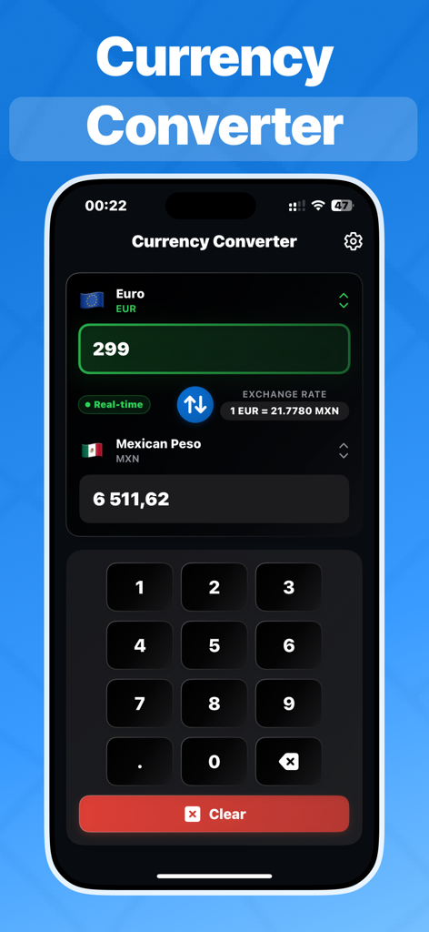 Pesos to Dollars Conversion US - Mobile app interface showing real time conversion between Euro and Mexican Peso