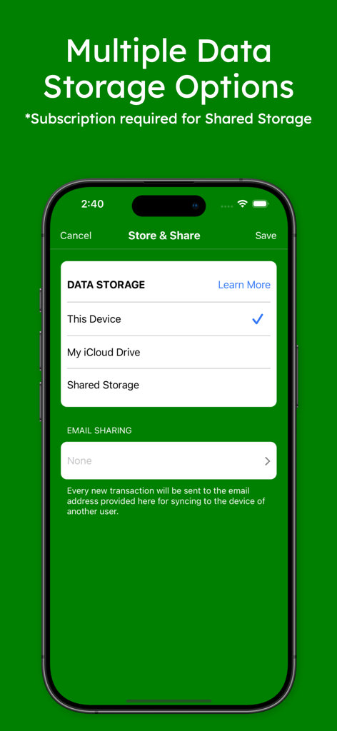 Pantalla de la aplicación The Checkbook mostrando opciones de almacenamiento de datos, incluyendo dispositivo local, iCloud Drive y Almacenamiento Compartido para sincronizar transacciones.
