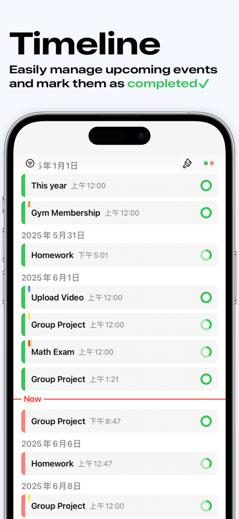 Deadline Tracker - Deadline Tracker app showing a vertical timeline of upcoming tasks like homework and group projects on an iPhone