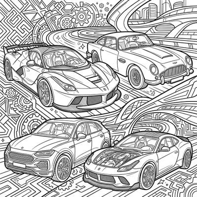 Get ready to color an impressive collection of luxury cars, perfect for teen artists. This intricate coloring page features high-performance vehicles against a cool, urban-inspired backdrop.