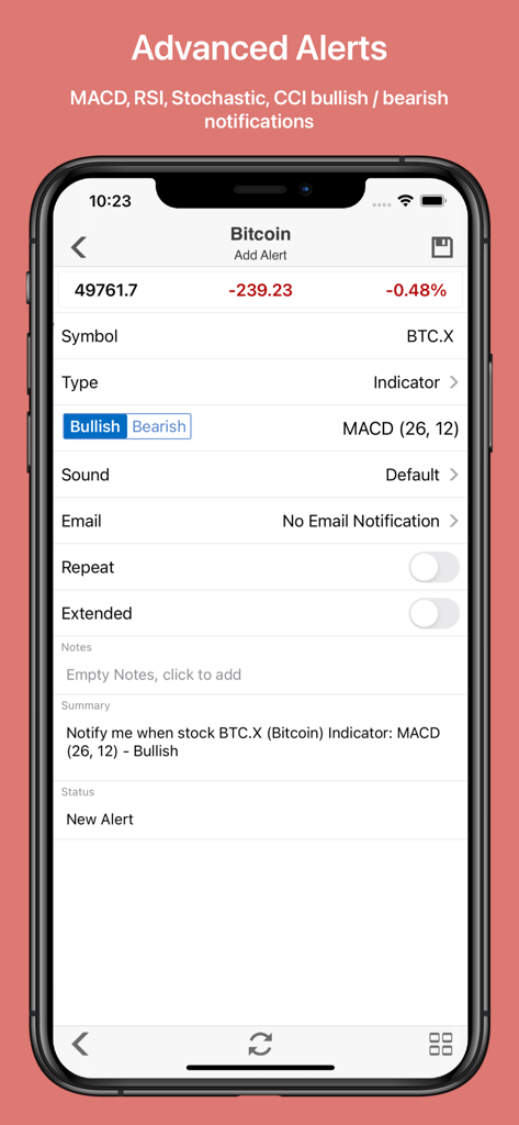 Crypto Master: Market Analysis - Oberfläche der Crypto Master App, die die Einrichtung einer bullischen MACD-Indikatorwarnung für Bitcoin zeigt