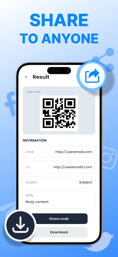 Scan QR Code - Barcode Reader - Tela de um aplicativo móvel mostrando um código QR gerado para um e-mail com opções de compartilhamento e download