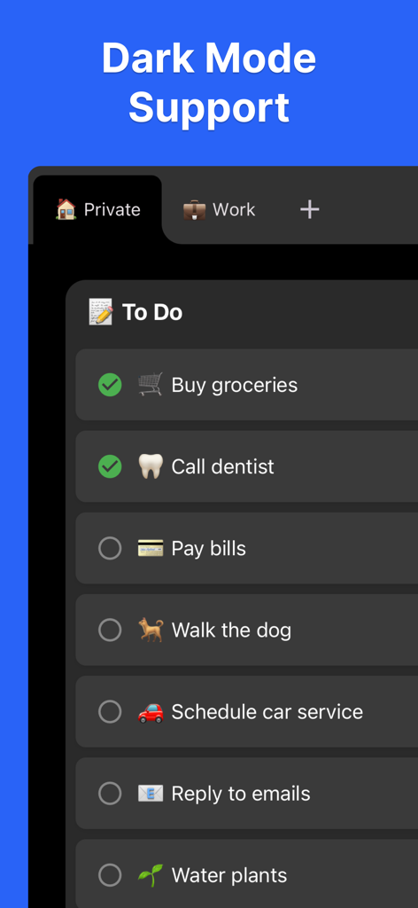 Interfaz de la aplicación KanbanBoard en modo oscuro mostrando una lista de tareas pendientes personales con varias tareas diarias.