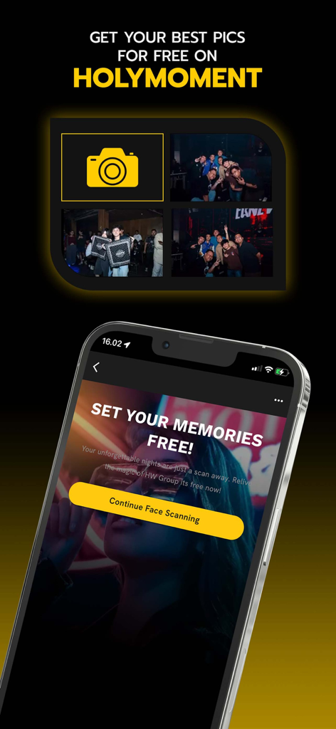 Holywings - The Holywings app screen showing the HolyMoment feature for retrieving free nightclub photos using face scanning technology.