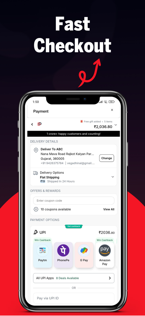 DeoDap DropShipping Wholesale - Interface de checkout rápido no aplicativo de dropshipping DeoDap mostrando opções de pagamento