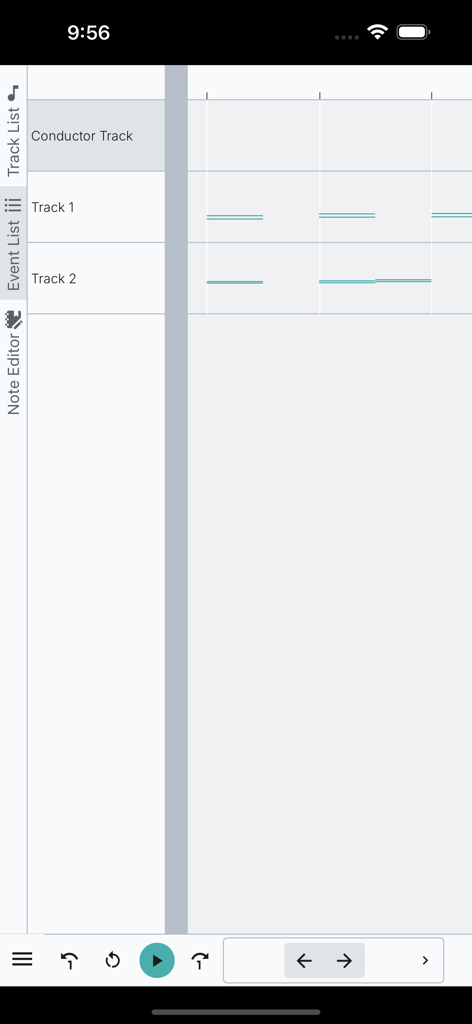 Midify app screenshot showing a multi-track MIDI editing interface with a conductor track and individual instrument tracks on a timeline grid.