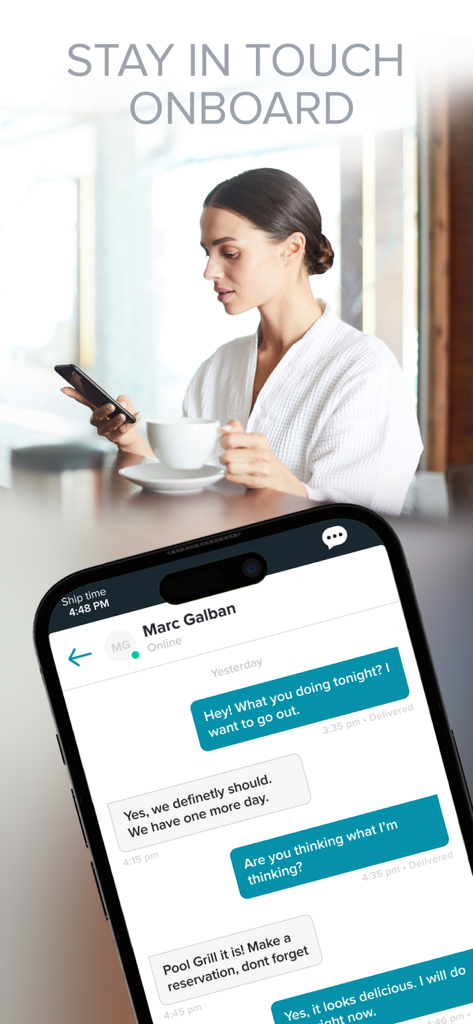 A woman in a bathrobe using the onboard chat feature on the Celebrity Cruises mobile app