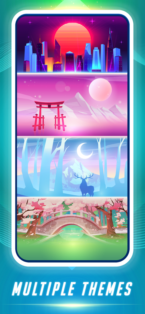 Dance Tiles: Music Ball Games - A showcase of four artistic background themes including a synthwave city and a Japanese garden.