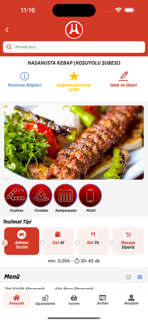 Hasan Usta Kebap & Izgara - Hasan Usta Kebap mobile app home screen showing a grilled kebab and food ordering options