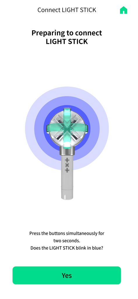Pantalla de la aplicación de smartphone que muestra instrucciones para emparejar el light stick oficial de TXT a través de bluetooth