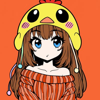 anime girl with chick shaped hat with sweater with bare shoulders with bangs covering them one eye with low tail