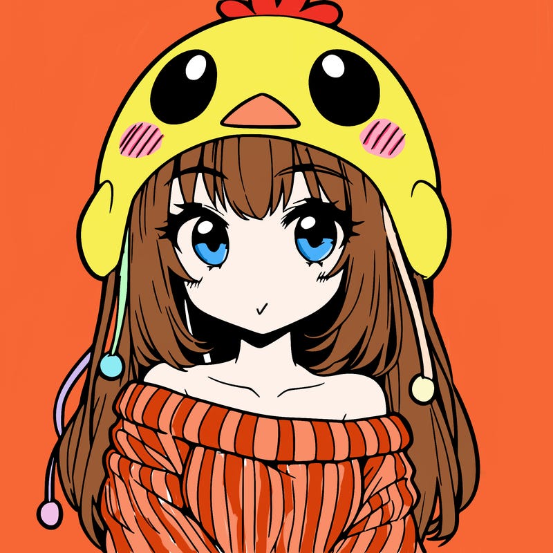 anime girl with chick shaped hat with sweater with bare shoulders with bangs covering them one eye with low tail