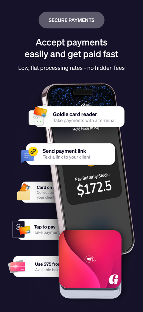 Goldie app secure payments interface showing options for card reader tap to pay and payment links