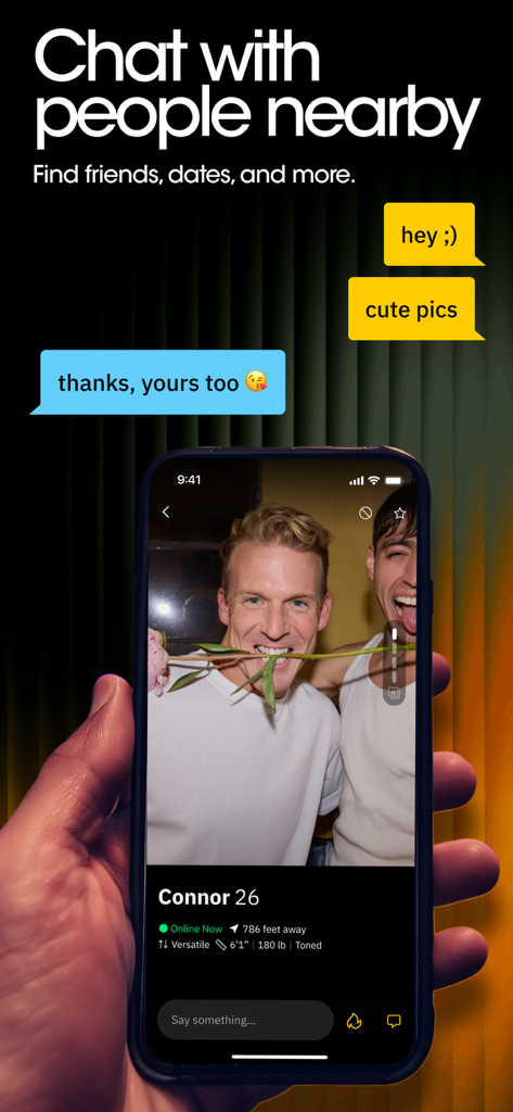 A smartphone screen displaying the Grindr app with chat bubbles and a user profile for someone nearby
