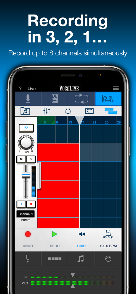 Interfaz de grabación multipista de VocaLive CS mostrando 8 canales en iPhone