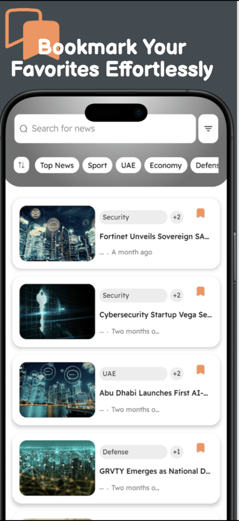 Sentinel Report - Interfaz de la aplicación Sentinel Report que muestra una lista de artículos de noticias con una función para marcar favoritos sin esfuerzo.